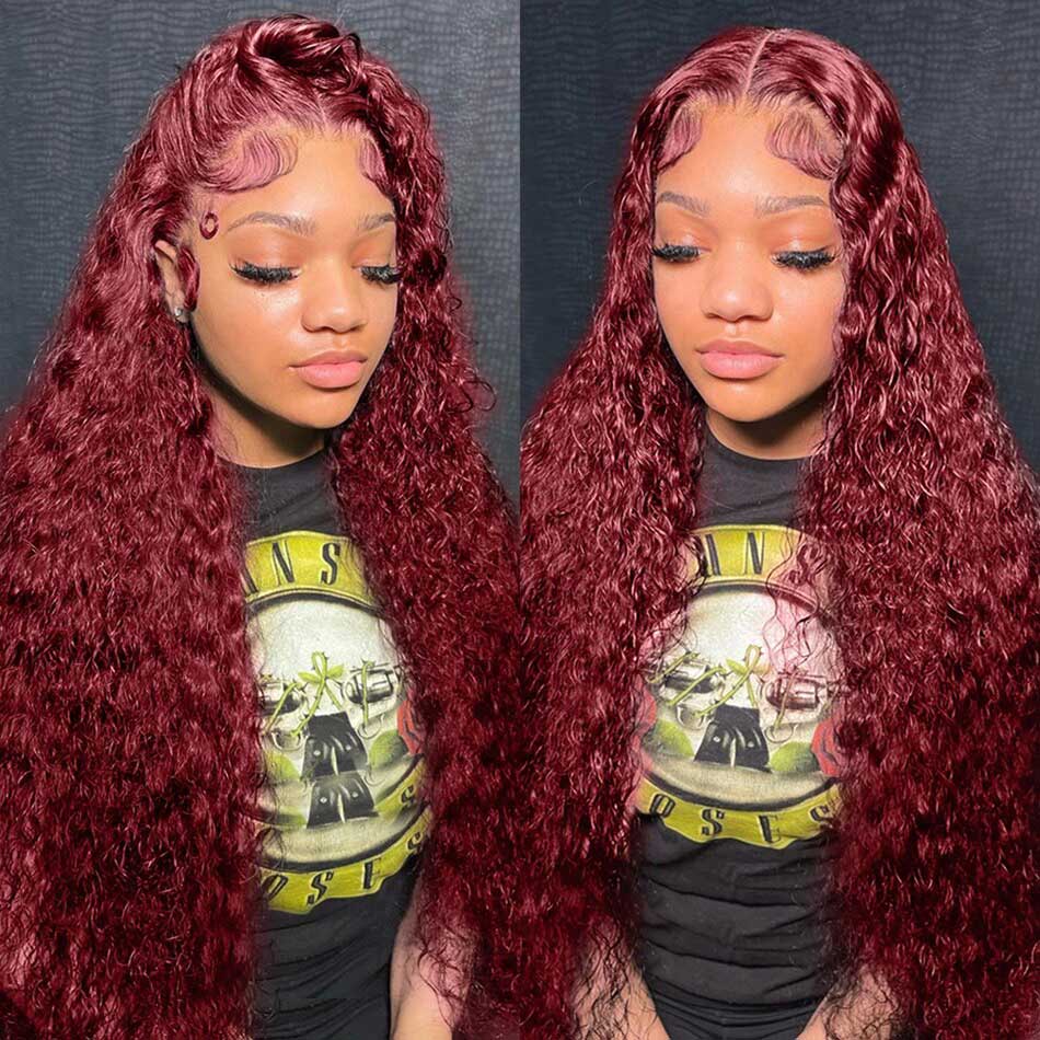 Reddish Burgundy Colored 13x6 Lace Front Closure Wig 5x5 Glueless Ready To Wear Human Hair Wigs Water Wave