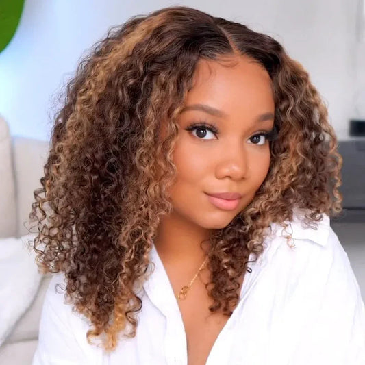 Highlight Colored Short Curly Glueless Lace Human Hair Wigs Full And Bouncy