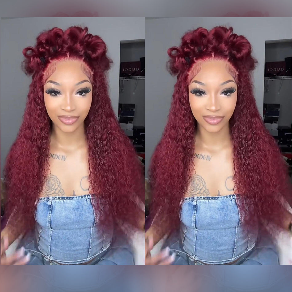 Premium 10A 210% Density Reddish Burgundy Colored 13x6 Lace Front Closure Curly 6x5 Glueless Ready To Go Human Hair Wigs
