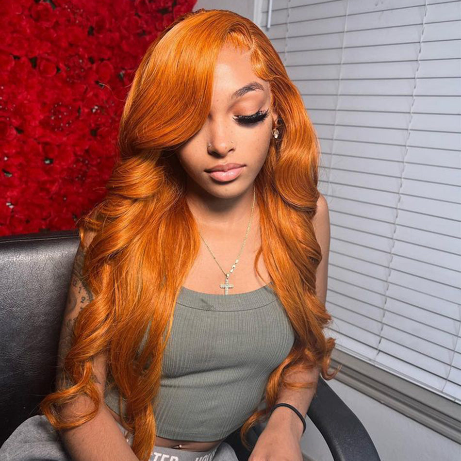 Premium 10A 210% Density Ginger Orange Colored 13x6 Lace Front Wig 6x5 Glueless Ready To Wear Human Hair Wig
