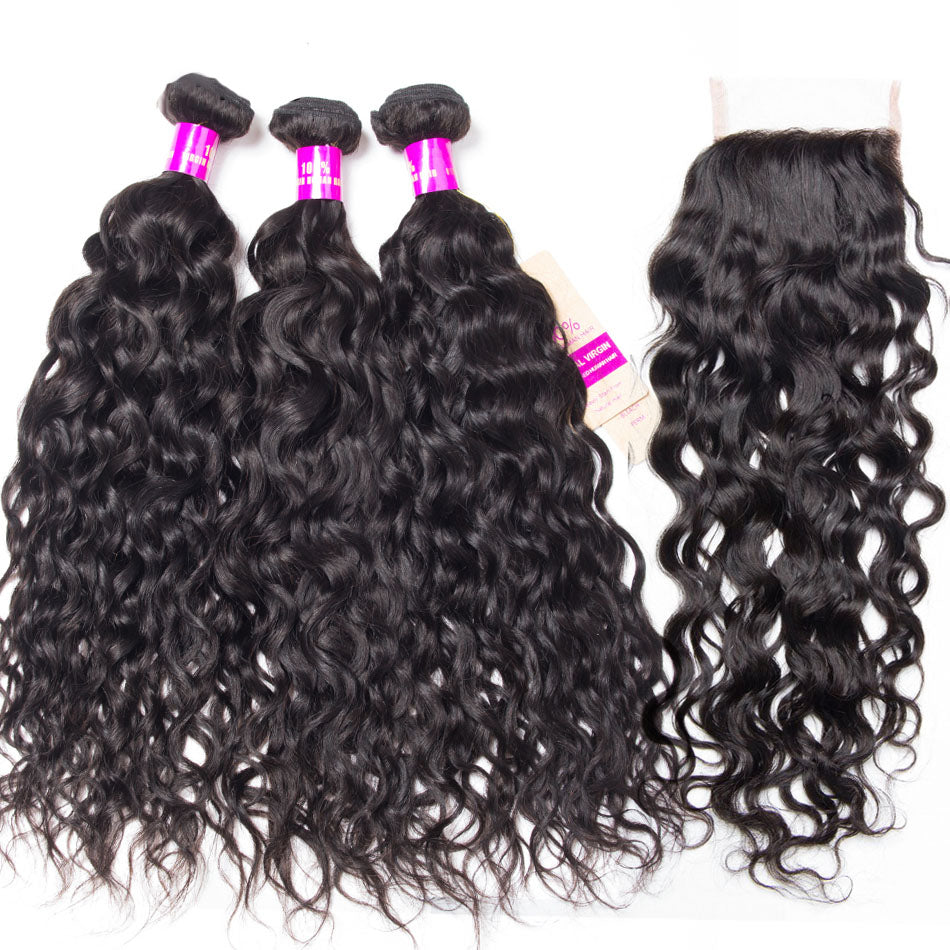 10A Water Wave Human Hair 3 Bundles With 5x5 Closure 100% Remy Human Hair