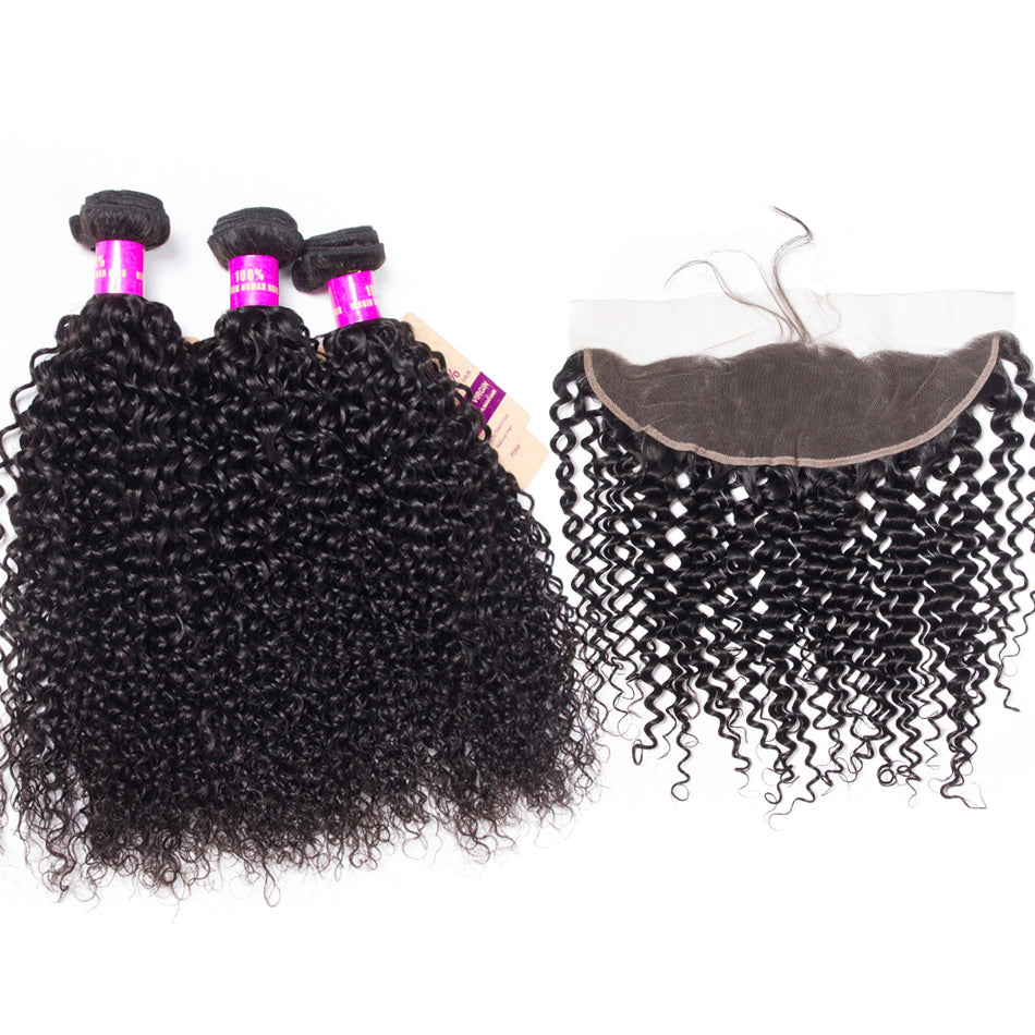 10A Jerry Curly Human Hair 3 Bundles With 13x4 Full Frontal Lace 100% Remy Human Hair