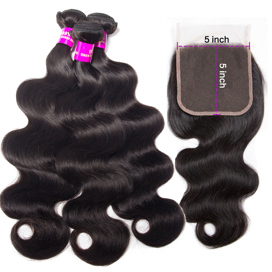 10A Body Wave Human Hair 3 Bundles With 5x5 Closure 100% Remy Human Hair