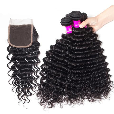 10A Deep Wave Human Hair 3 Bundles With 5x5 Closure 100% Remy Human Hair