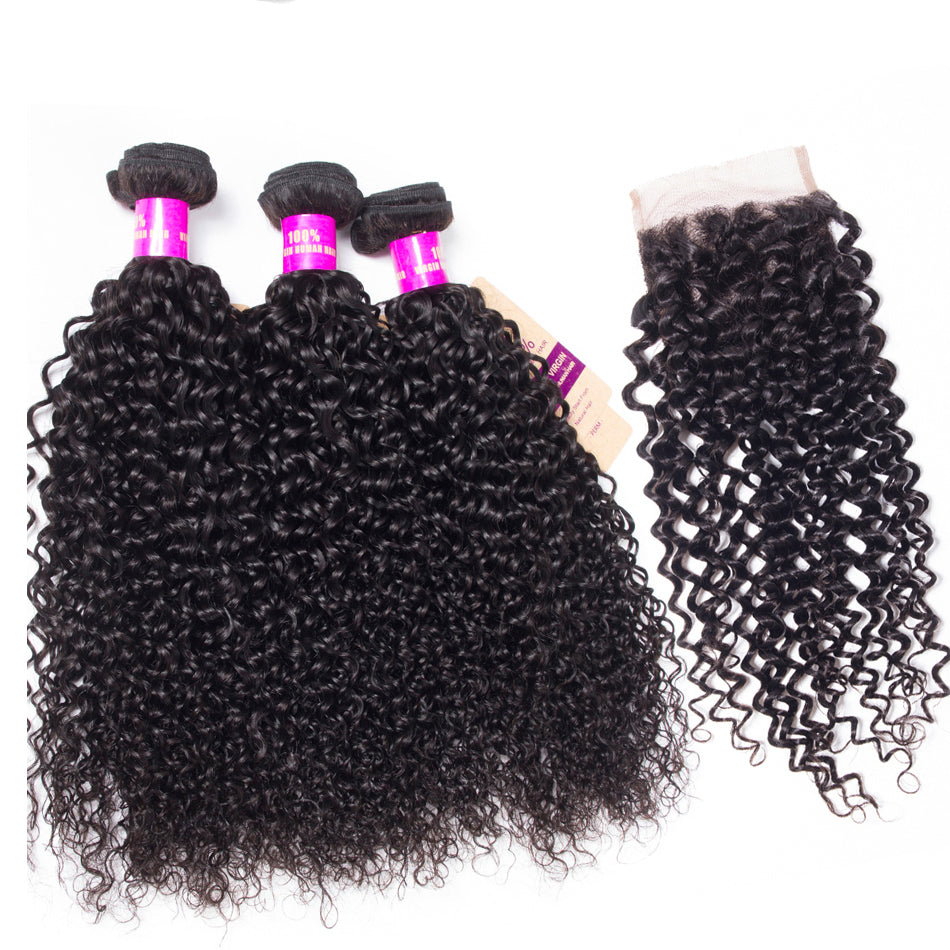 10A Jerry Curly Human Hair 3 Bundles With 5x5 Closure 100% Remy Human Hair