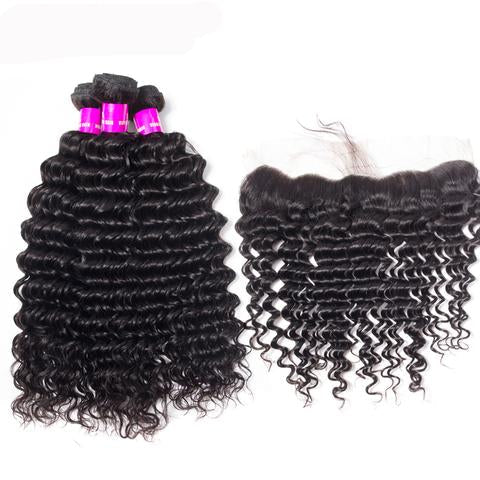 10A Deep Wave Human Hair 3 Bundles With 13x4 Full Frontal Lace 100% Remy Human Hair
