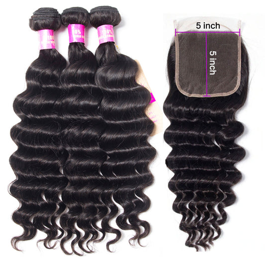 10A Loose Deep Wave Human Hair 3 Bundles With 5x5 Closure 100% Remy Human Hair