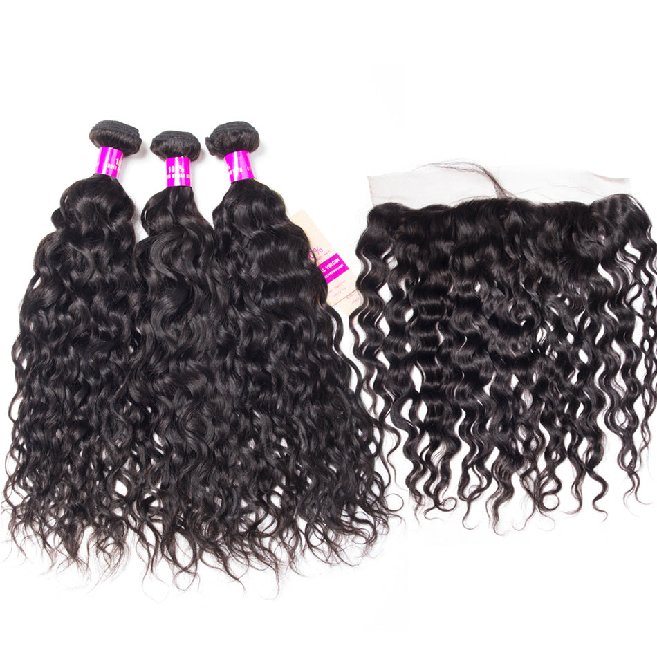 10A Water Wave Human Hair 3 Bundles With 13x4 Full Frontal Lace 100% Remy Human Hair
