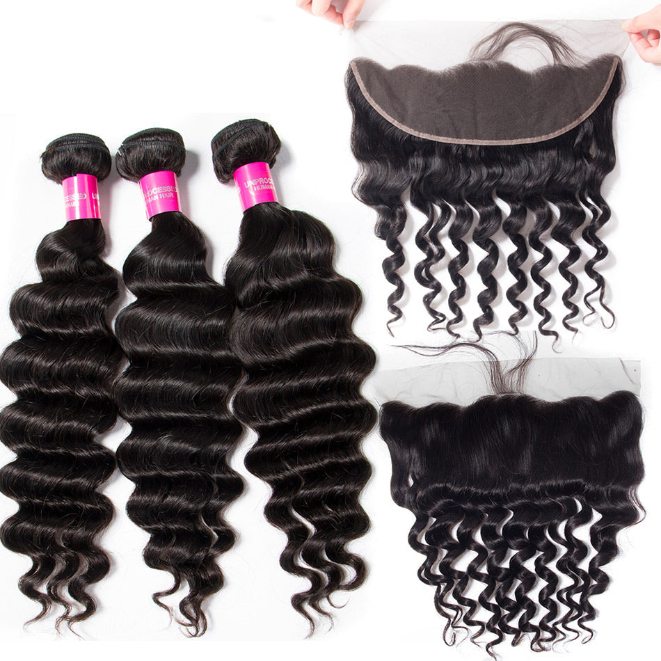 10A Loose Deep Wave Human Hair 3 Bundles With 13x4 Full Frontal Lace 100% Remy Human Hair