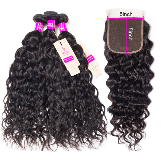 10A Water Wave Human Hair 3 Bundles With 5x5 Closure 100% Remy Human Hair
