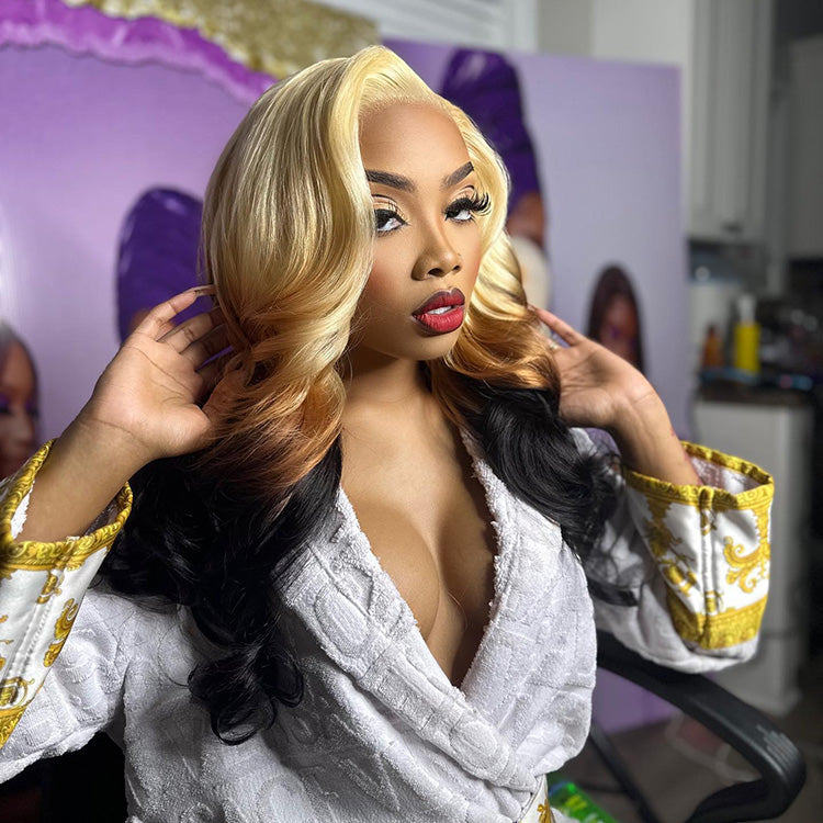 250% Density Customized Ombre 613 Blonde Brown Colored 13x6 Transparent HD Lace Front Human Hair Wig