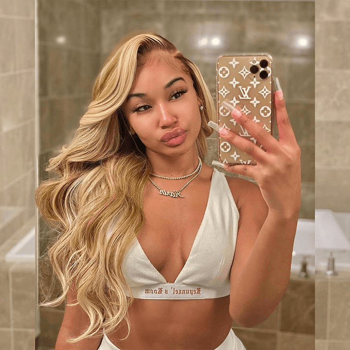 Brown Root Highlight Honey Blonde Colored HD Transparent 13x6 Lace Front Human Hair Wig Body Wave