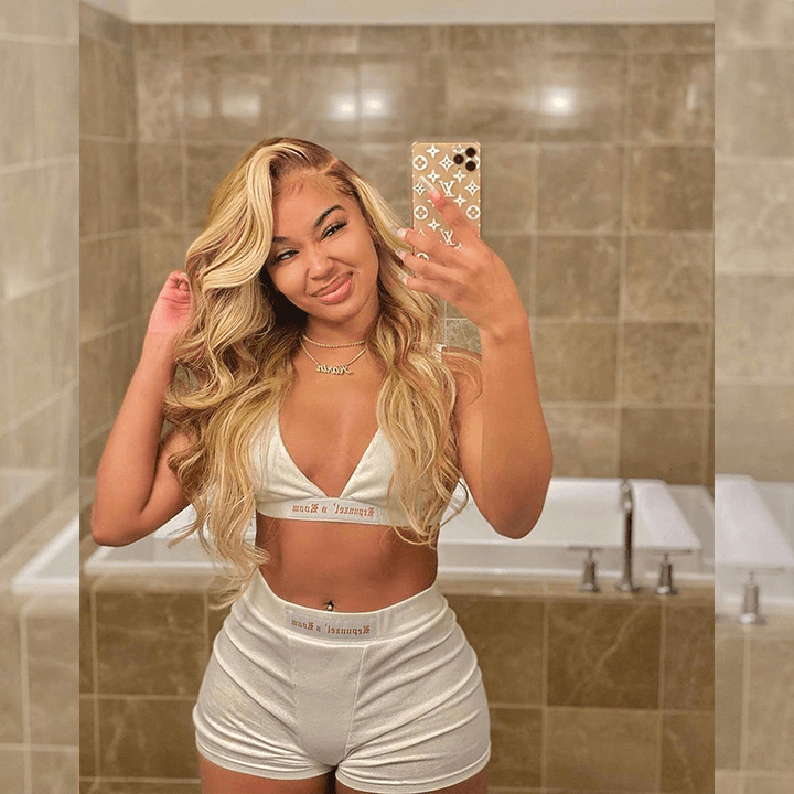 Brown Root Highlight Honey Blonde Colored HD Transparent 13x6 Lace Front Human Hair Wig Body Wave