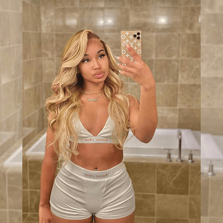 Brown Root Highlight Honey Blonde Colored HD Transparent 13x6 Lace Front Human Hair Wig Body Wave