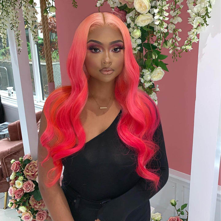 Ombre Pink With Rose Red HD Transparent 13x6 Lace Front Human Hair Wig Body Wave