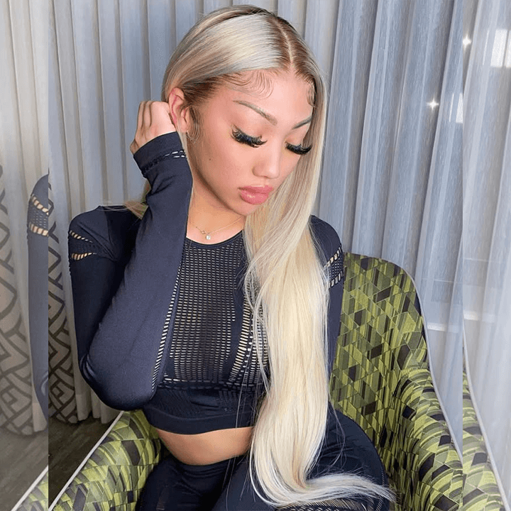 250% Density Ombre Platinum Blonde Colored HD Transparent 13x6 Lace Front Human Hair Wigs Brazilian Body Wave