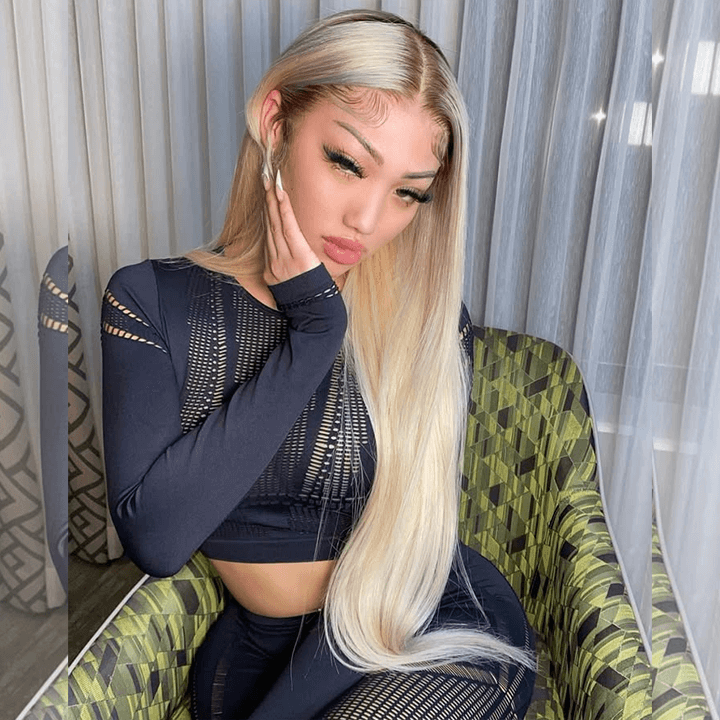250% Density Ombre Platinum Blonde Colored HD Transparent 13x6 Lace Front Human Hair Wigs Brazilian Body Wave