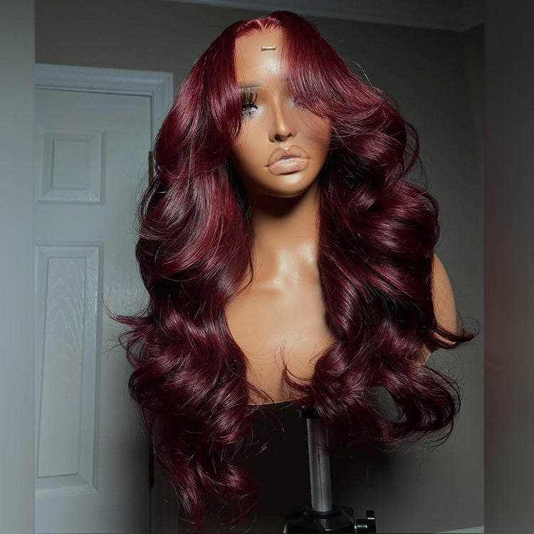Premium 10A 210% Density Wine Colored Curtain Bangs 6x5 Glueless 13x6 Lace Front Human Hair Wigs