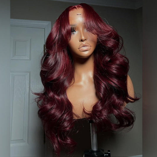Premium 10A 210% Density Wine Colored Curtain Bangs 6x5 Glueless 13x6 Lace Front Human Hair Wigs