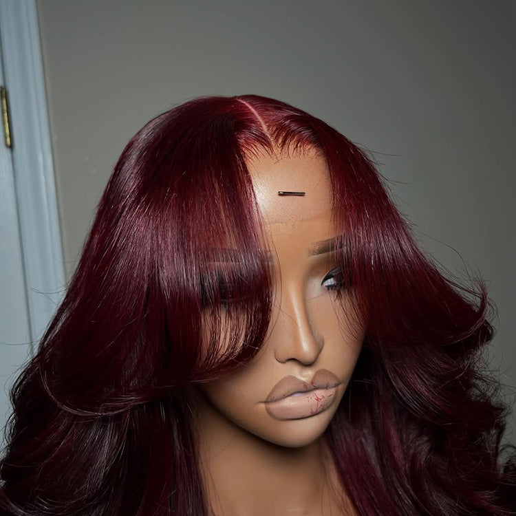 Premium 10A 210% Density Wine Colored Curtain Bangs 6x5 Glueless 13x6 Lace Front Human Hair Wigs