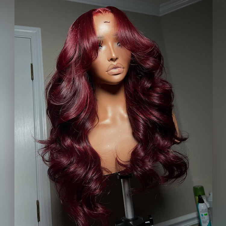 Premium 10A 210% Density Wine Colored Curtain Bangs 6x5 Glueless 13x6 Lace Front Human Hair Wigs