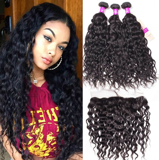 10A Water Wave Human Hair 3 Bundles With 13x4 Full Frontal Lace 100% Remy Human Hair