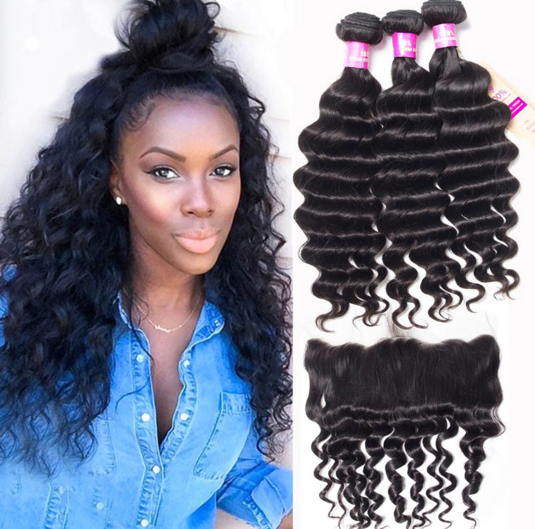 10A Loose Deep Wave Human Hair 3 Bundles With 13x4 Full Frontal Lace 100% Remy Human Hair