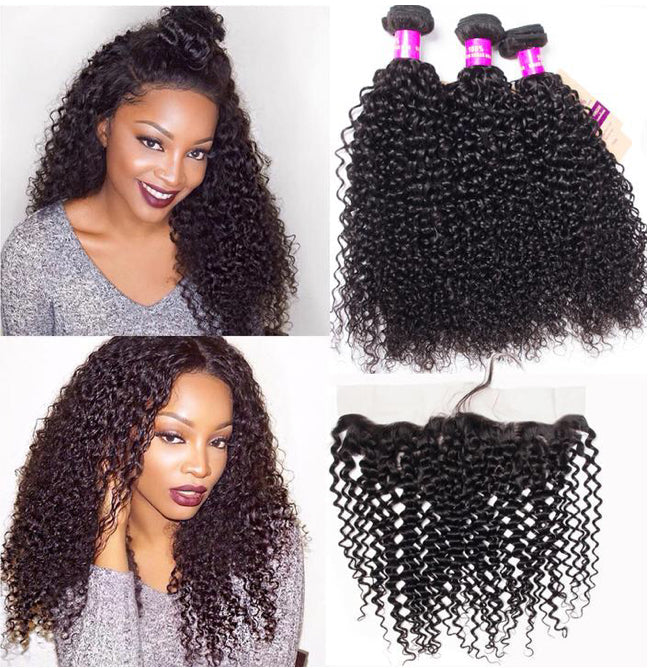 10A Jerry Curly Human Hair 3 Bundles With 13x4 Full Frontal Lace 100% Remy Human Hair