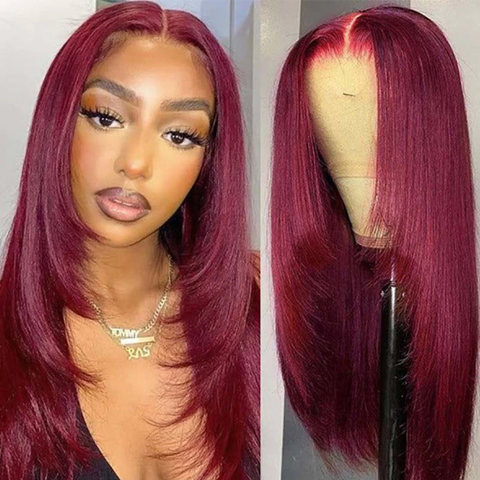 Layered Cut #99j Colored 13x6 Lace Closure Front Wig 5x5 Ready To Go Human Hair Wigs