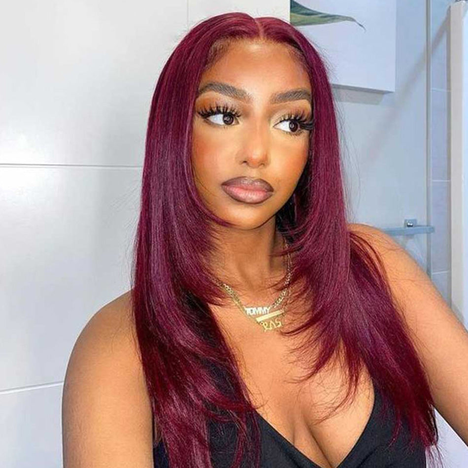 Layered Cut #99j Colored 13x6 Lace Closure Front Wig 5x5 Ready To Go Human Hair Wigs