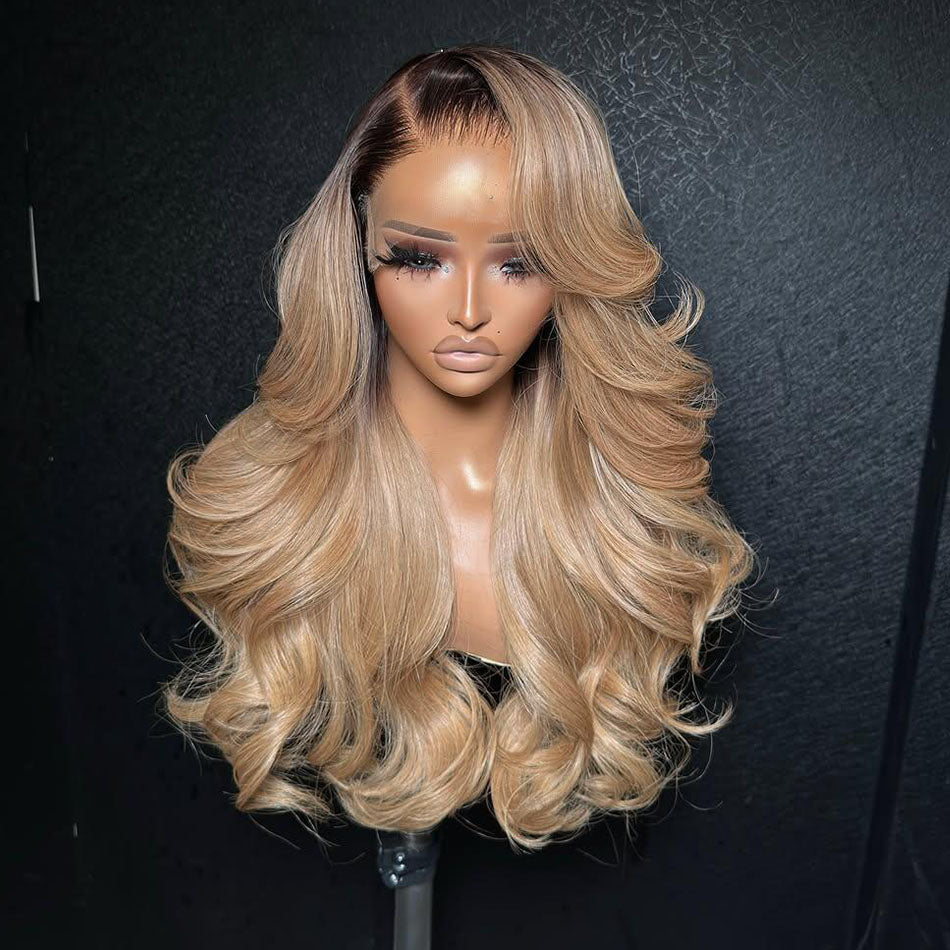 250% Density Professional Toned Ombre Ash Blonde HD Transparent 13x6 Lace Front Human Hair Wig Body Wave
