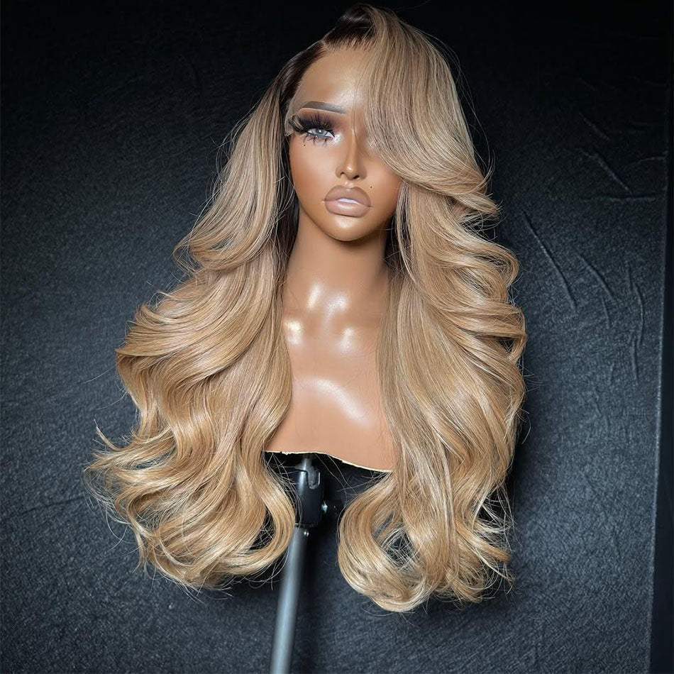 250% Density Professional Toned Ombre Ash Blonde HD Transparent 13x6 Lace Front Human Hair Wig Body Wave