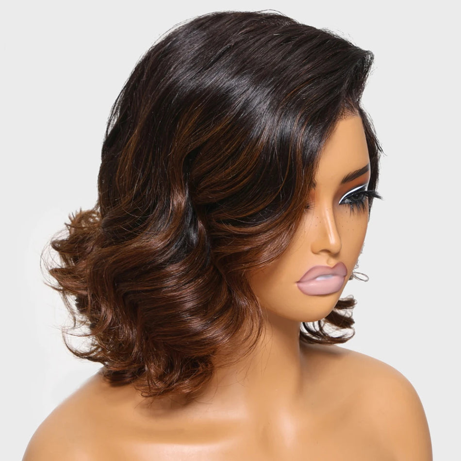 Fluffy Chic And Elegant Ombre Brown Colored Layered Glueless Lace Human Hair Wigs-005