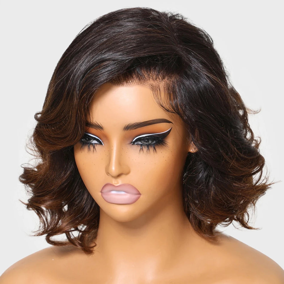 Fluffy Chic And Elegant Ombre Brown Colored Layered Glueless Lace Human Hair Wigs-005