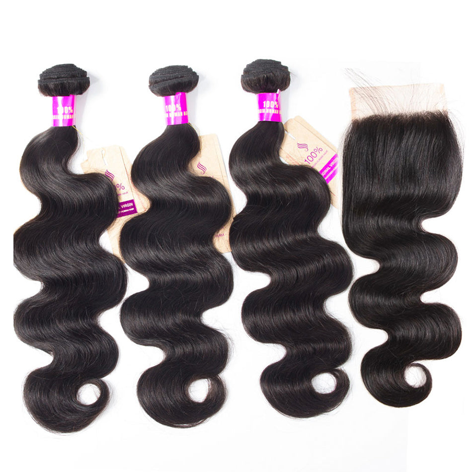 10A Body Wave Human Hair 3 Bundles With 5x5 Closure 100% Remy Human Hair