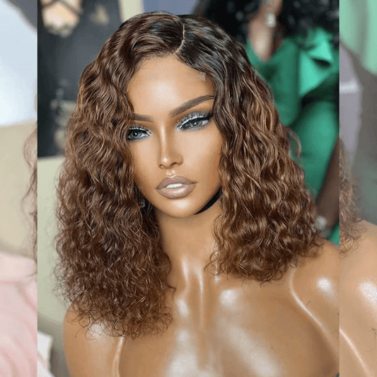 Hairstylist Works Elegant Asymmetric Ombre Brown Short Curly Colored Human Hair Bob Wigs