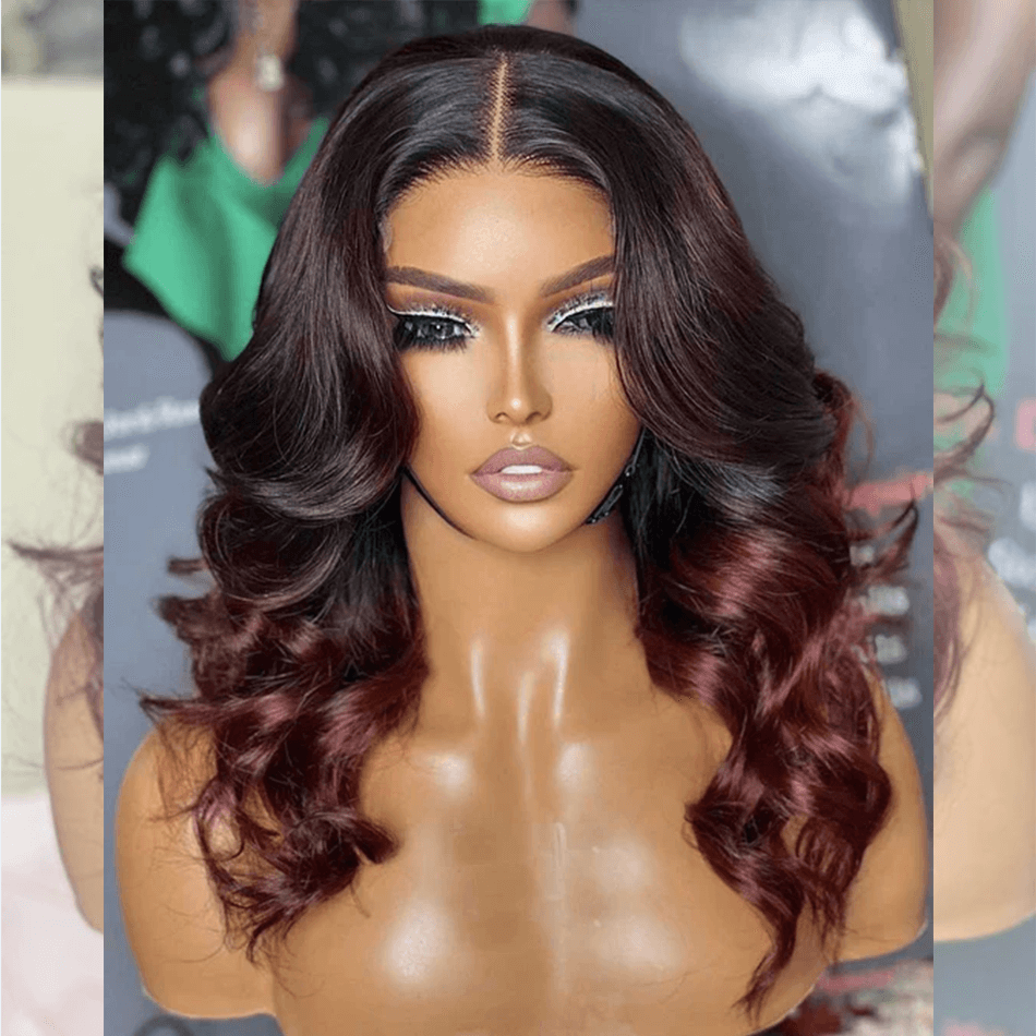 Perfect Woking Wig  Double Drawn Shoulder Length Short Wigs 1B/ 99J Half Black Half Wine Red Wig