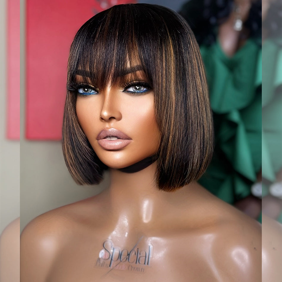 Highlight Brown Bob Wigs With Bang Slightly Layered Cut Glueless Lace Human Hair Wigs