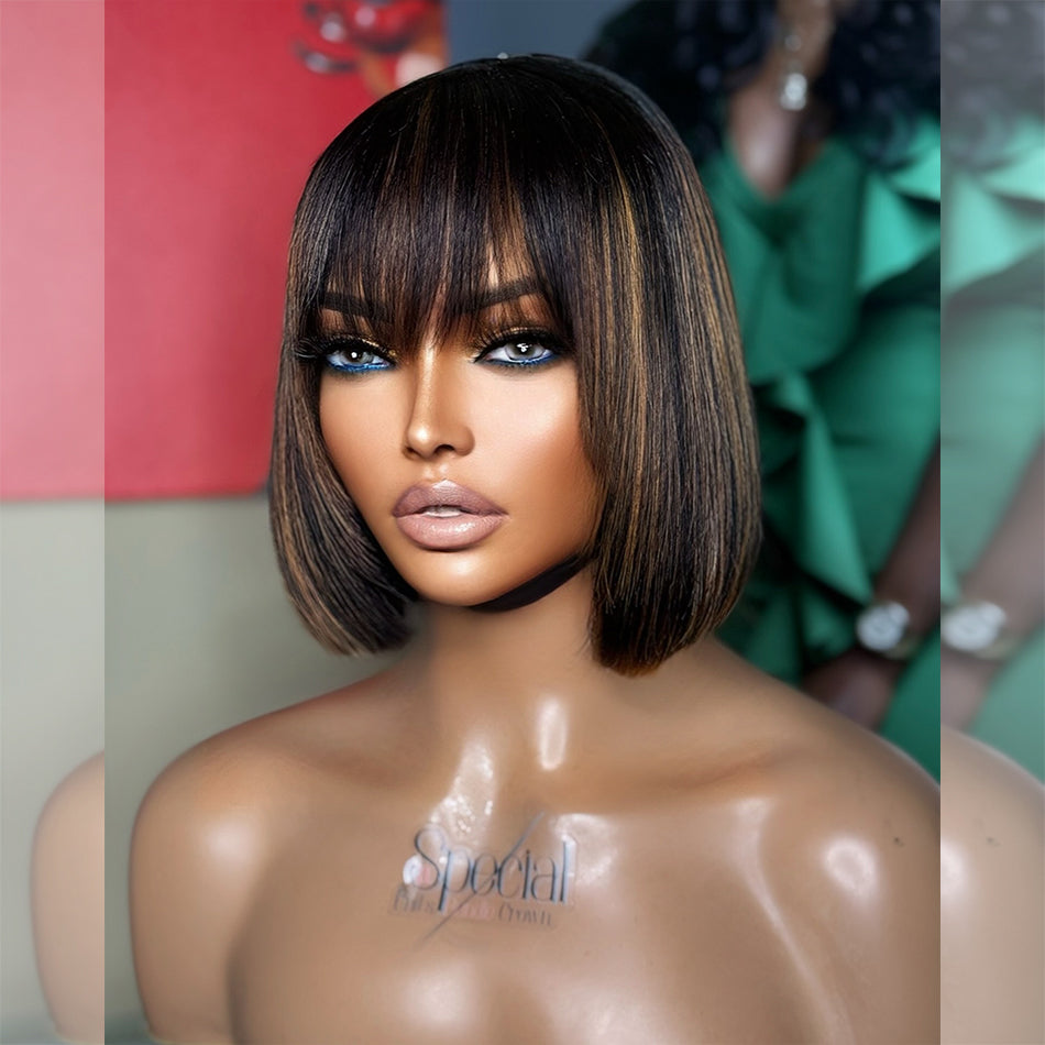 Highlight Brown Bob Wigs With Bang Slightly Layered Cut Glueless Lace Human Hair Wigs