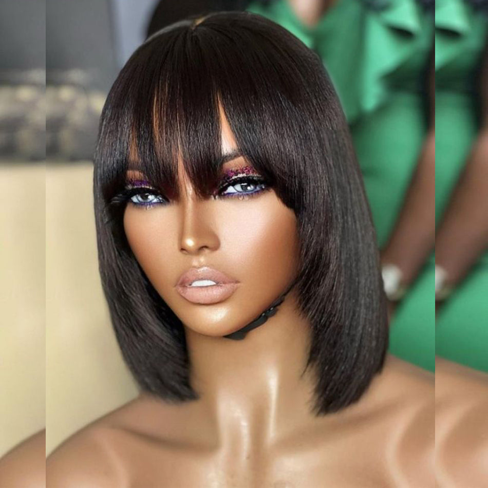 Bob Wigs With Bang Slightly Layered Cut Glueless Lace Human Hair Bob Wigs