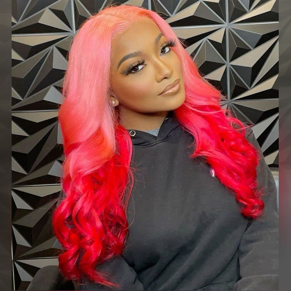 250% Density Ombre Pink With Red HD Transparent 13x6 Lace Front Human Hair Wig Body Wave