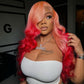 250% Density Ombre Pink With Red HD Transparent 13x6 Lace Front Human Hair Wig Body Wave