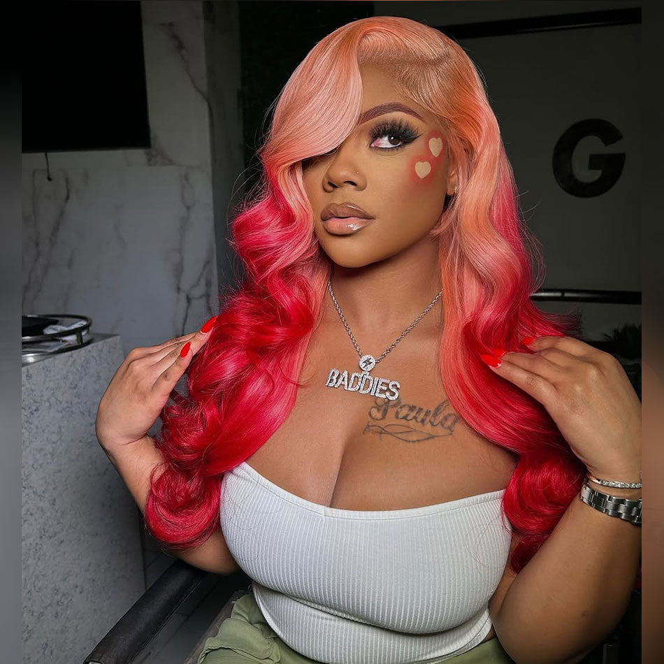 250% Density Ombre Pink With Red HD Transparent 13x6 Lace Front Human Hair Wig Body Wave