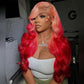 250% Density Ombre Pink With Red HD Transparent 13x6 Lace Front Human Hair Wig Body Wave