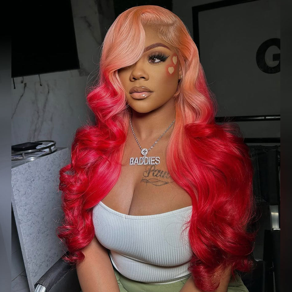 250% Density Ombre Pink With Red HD Transparent 13x6 Lace Front Human Hair Wig Body Wave