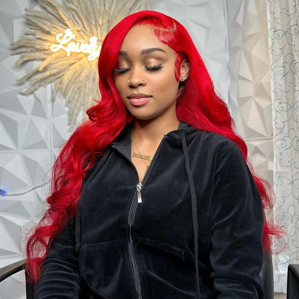 210% Density Bright Red Colored HD Transparent Lace Front 13x6 Brazilian Human Hair Wig