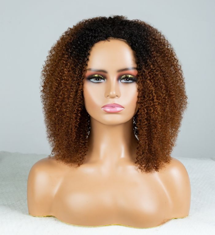 Coily Curly Ombre Brown Colored 3 In 1 Half Wig ( Can be weared in half wig / headband wig / ponytail )