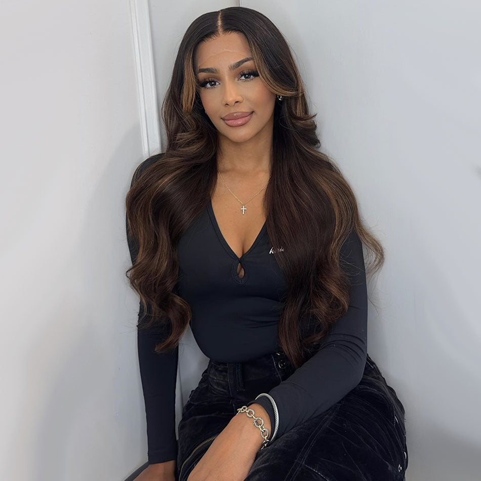 Premium 10A 210% Density Classic Black Roots Highlight Colored 13x6 Lace Front Wig 6x5 Glueless Human Hair Wigs Body Wave