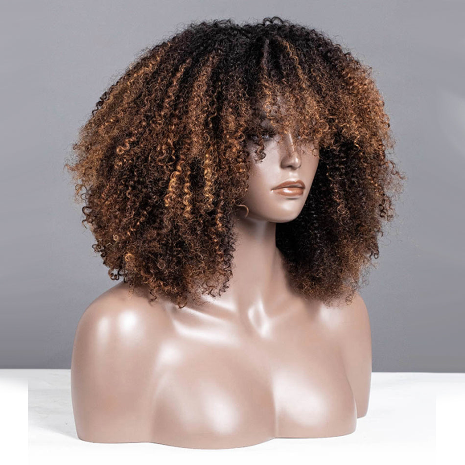 Coily Curly Ombre Brown Colored Glueless Lace Wig With Air Bang 250% Density-017