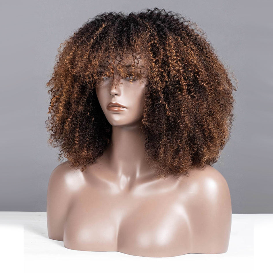 Coily Curly Ombre Brown Colored Glueless Lace Wig With Air Bang 250% Density-017